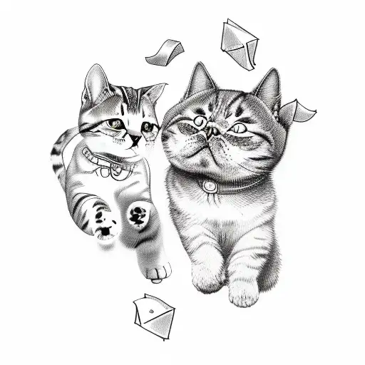 Incorporate A Cat And A Dog Playing A Game Together In A Sketch Style Tattoo Design