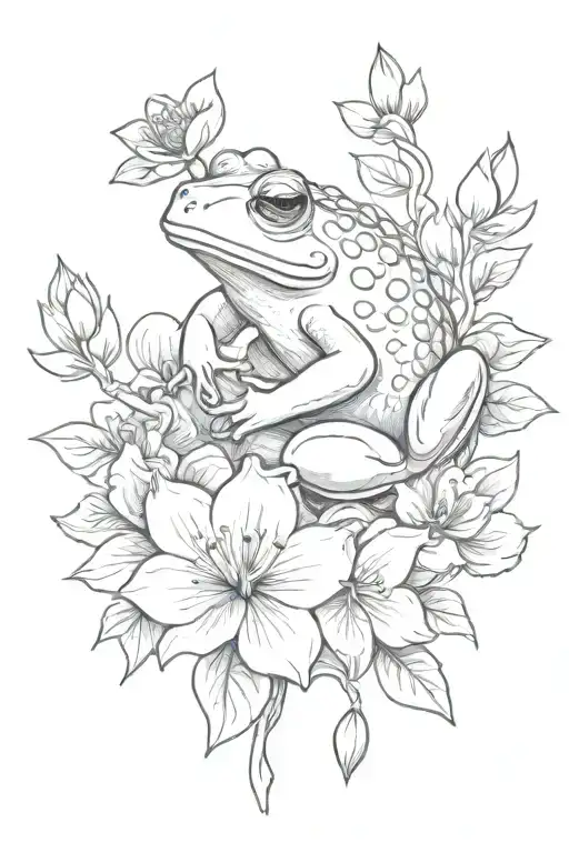 Japanese Flowers With Lucky Frog Sitting
