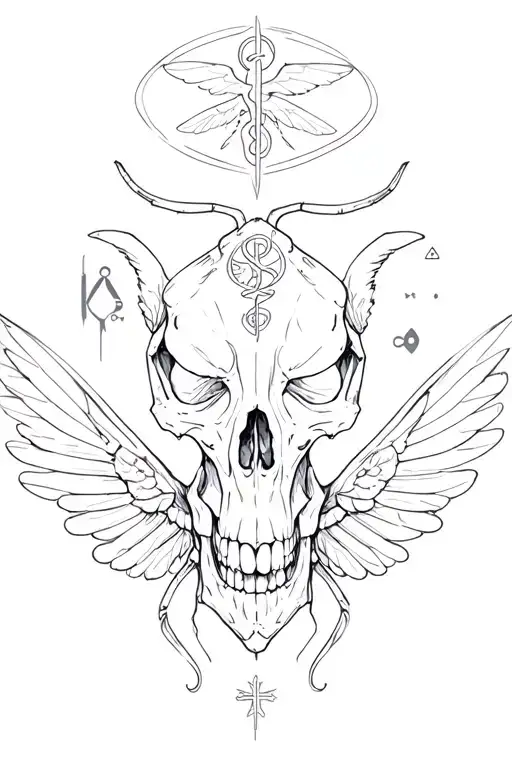 A Sketch Of A Marsupial Skull Surrounded By Medical Symbols And Insect Wings