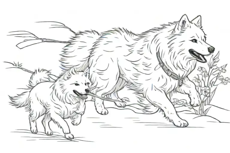 White Samoyedo Held On A Leash By Two Small Children As He Runs Towards A Flower