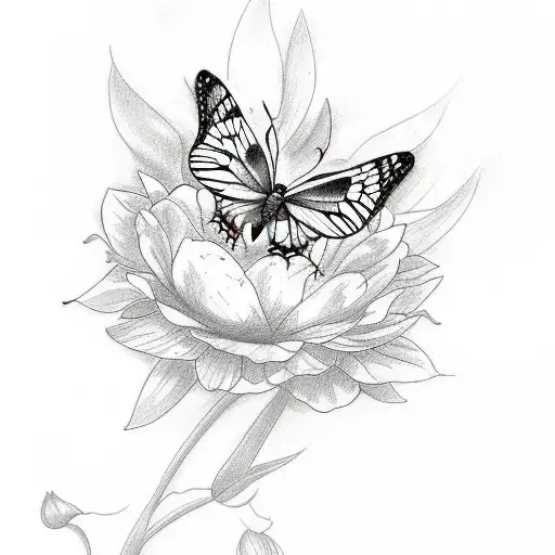 A Sketch-style Tattoo Of A Butterfly Resting On A Beautiful Blooming Flower