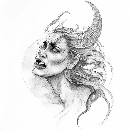 Powerful Warrior Woman In Profile Screaming With Her Head Raised To The Sky