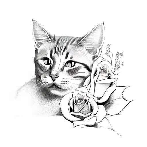 Cat With Roses And Bold Lines