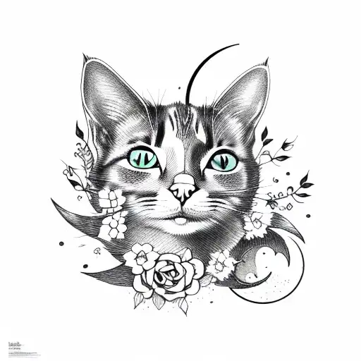 Cat With Flowers And The Moon