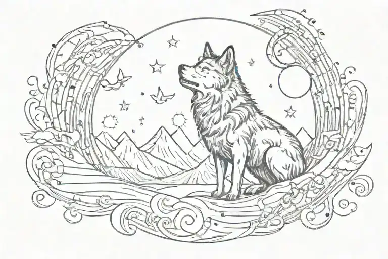 Wolf Howling At The Moon Surrounded My Music Notes