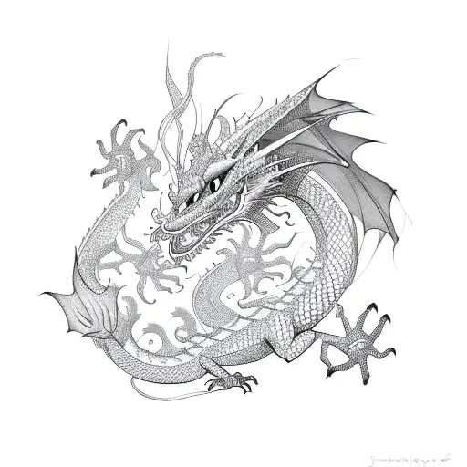 Dragon With Bule Flowers