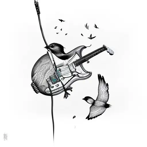 Electric Guitar With Notes And Birds Flying
