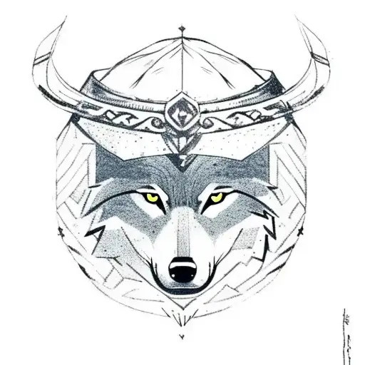 Incorporate A Viking Helmet Into A Forest Camping Scene With A Wolf As A Guardian