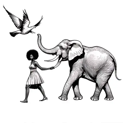 Black Woman With Afro Releasing Bird In The Air Walking With Elephant