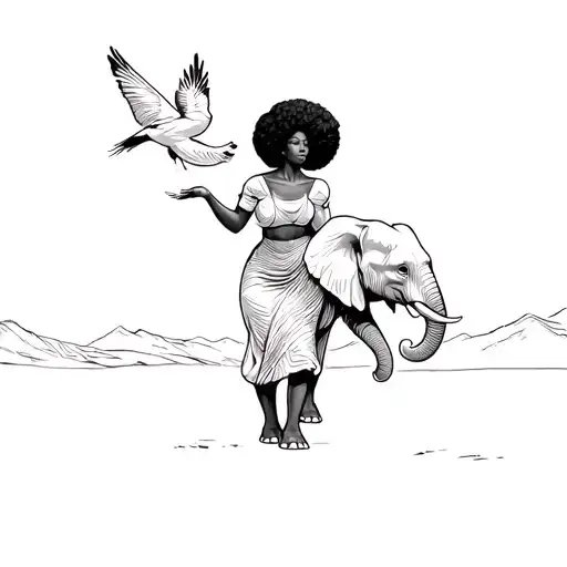 Black Woman With Afro Releasing Bird In The Air Walking With Elephant