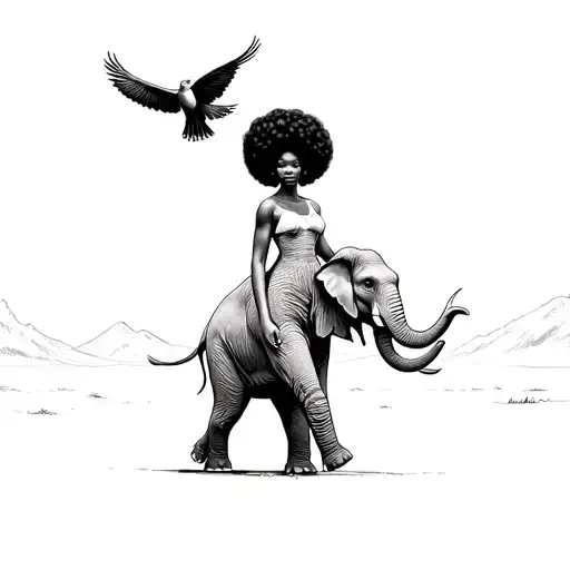 Black Woman With Afro Releasing Bird In The Air Walking With Elephant