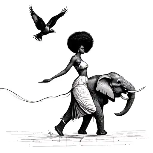 Black Woman With Afro Releasing Bird In The Air Walking With Elephant