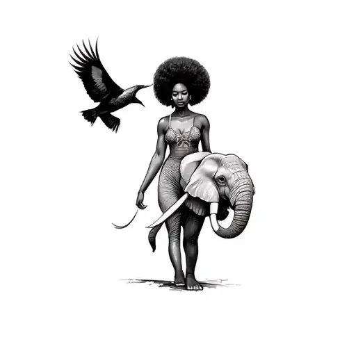 Black Woman With Afro Releasing Bird In The Air Walking With Elephant