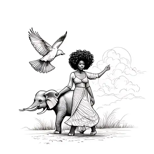 Black Woman With Curly Afro Releasing Bird In The Air Walking With Elephant