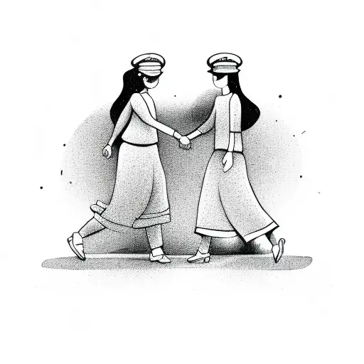 Two Girls From Behind Shaking Hands Cartoon Style