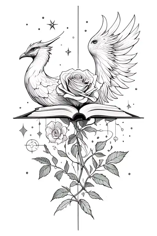 Interior Tattoo Front Geometric Arm With A Rose A Phenix Of The Stars A Compolia And A Book