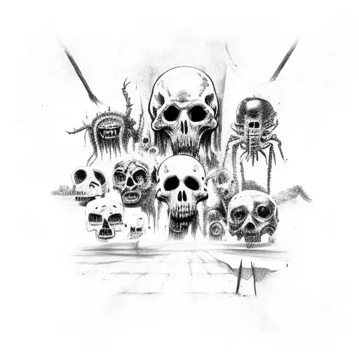 A Dark And Eerie Scene With All The Horror Movie Icons Gathered Together