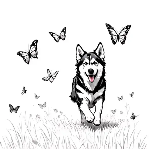 A Sketch Of A Husky Dog Running Through A Meadow With Butterflies Around It