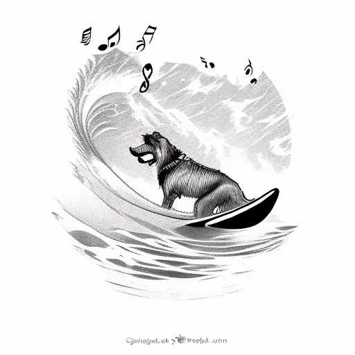 A Stylized Irish Wolfhound Surfing On A Wave With Musical Notes Floating Around It