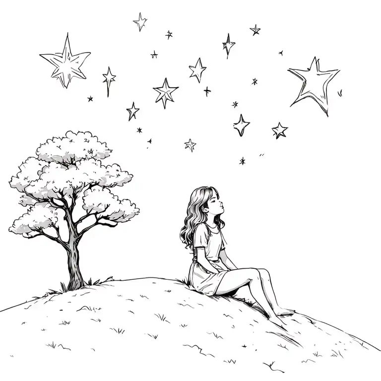 Young Girl Sitting On A Hill Looking Up At The Stars With A Tree Next To Her