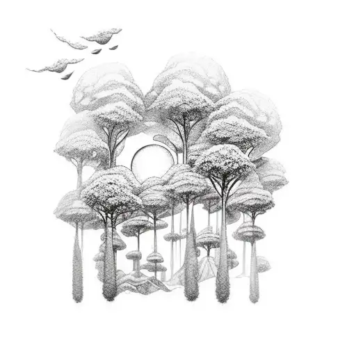 A Dreamy Landscape Tattoo Featuring A Vacation Destination With Roses Blooming In The Background