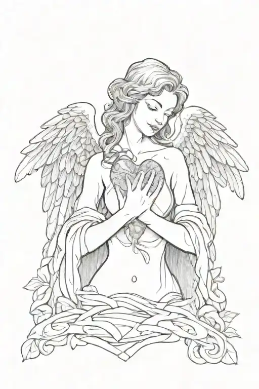 Female Angel With Wings Folded Down Holding A Human Heart In Her Open Hands
