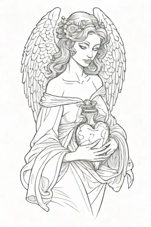 Female Angel With Wings Folded Down Holding A Human Heart In Her Open Hands