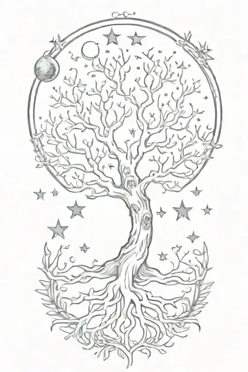 Tree Of Life With Moon And Stars And Roots Growing Out Of Skull