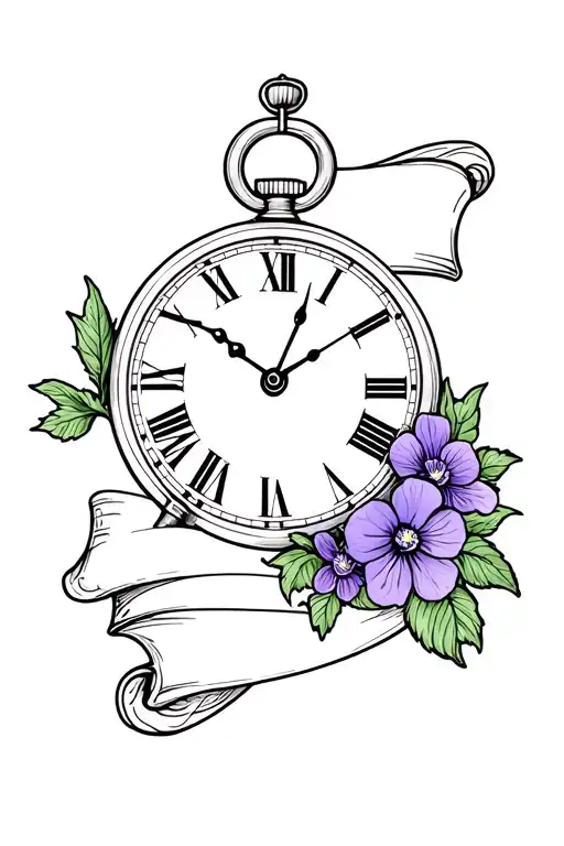 Clock Face With A Blank Scroll Underneath With A Few Violet And Primrose Flowers