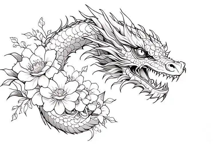 Japanese Dragon With Flowers