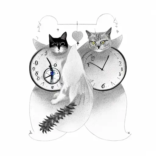 Two Black Cats Facing Each Other With Angel Wings And Halos With A Clock Behind Them