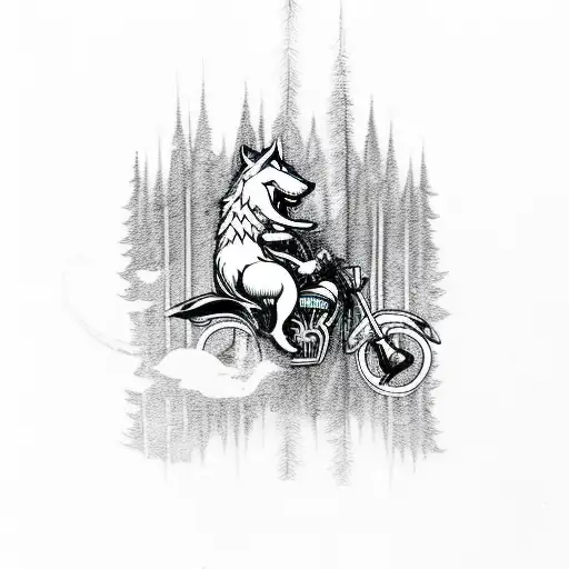 A Wolf Riding A Motorcycle Through A Mystical Forest