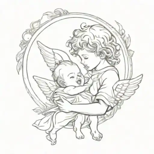 Baby Male Angel Holding A Baby Sun Surrounded