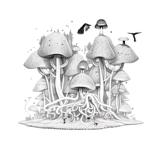 A Surreal Forest Scene With Crows Flying Overhead And Mushrooms Growing On The Ground