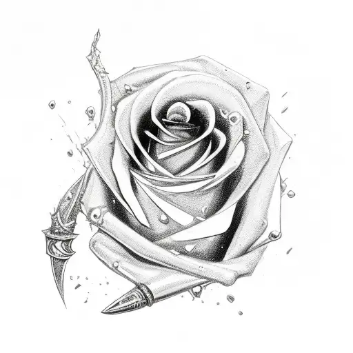 Fractured Sword Dripping Blood Onto A Rose With A Ring Around The Hilt