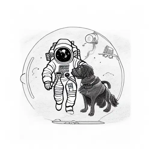 A Blacked Out Astronaut Walking A Birttany Spaniel On A Leash Throughout Space