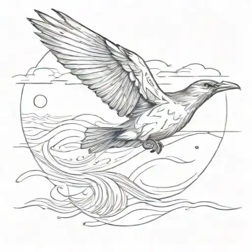 A Sketch-style Tattoo Of A Bird Flying Over A Calm Sea