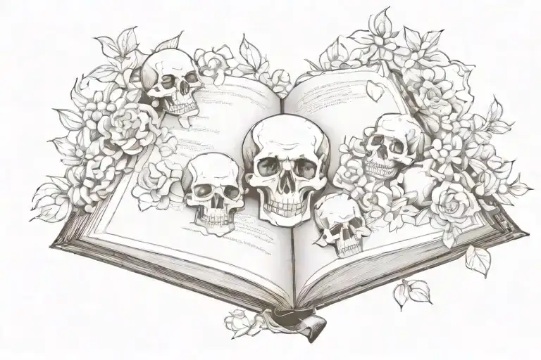 Old Open Book Surrounded By Skulls And Flowers