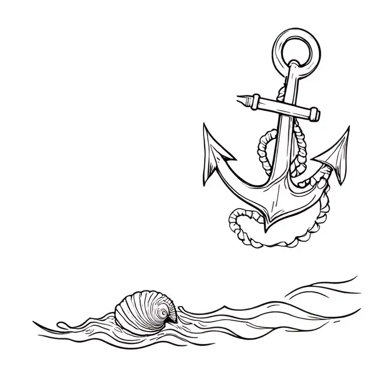 Anchor With Simple Ocean Wave And A Seashell Resting