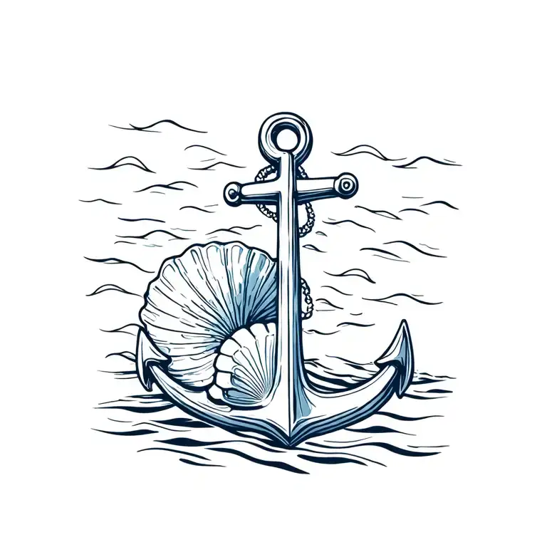 Simple Anchor With Simple Ocean Wave And A Seashell Resting