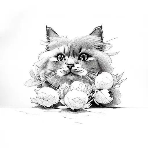 Fluffy Cat With Peonies