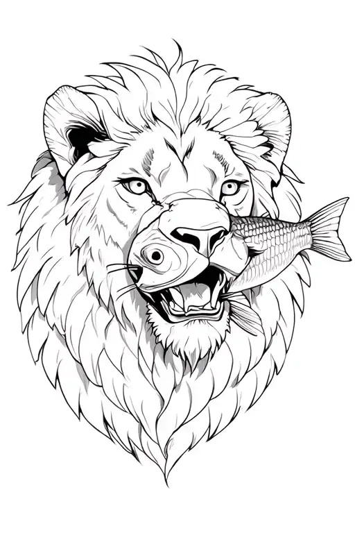 Lion With Fish In Mouth Gazing