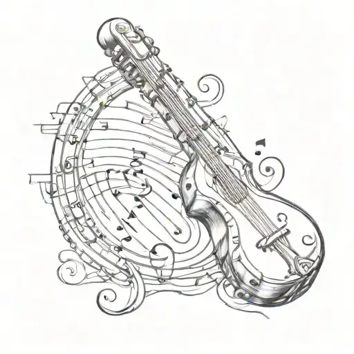 A Sketch Style Tattoo Of A Traditional Saudi Instrument With Music Notes Swirling Around It