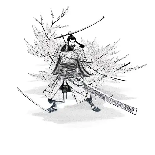 Ronin Samurai Holding A Sword With Cherry Blossoms Flying