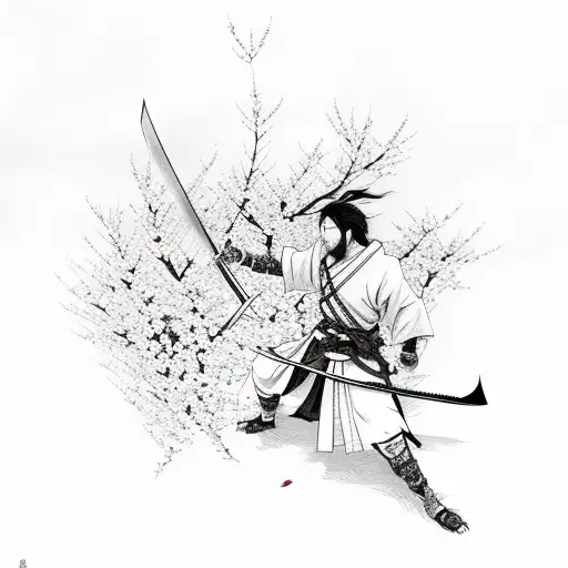 Ronin Holding A Sword With Cherry Blossoms Flying