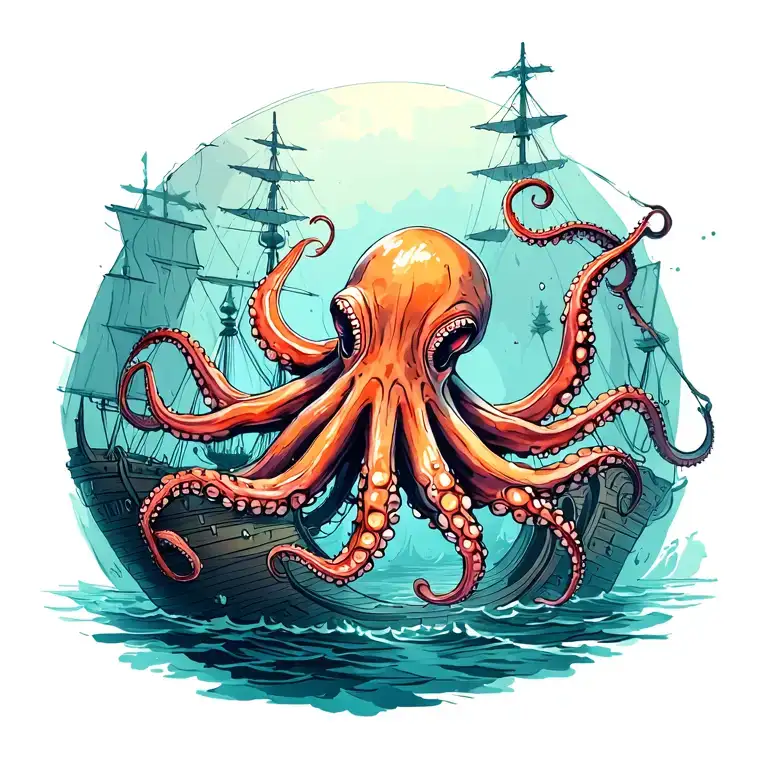 An Octopus In A Sunken Ship Under Water