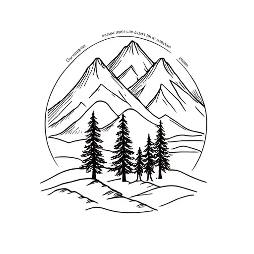 Two Mountain Peaks Representing Parents And Three Pine Trees Representing Children All Symmetrical