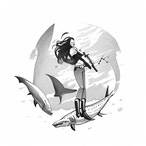 A Simplistic Draw With Pencil Of A Woman Riding A Shark And Aiming With His Hand As A Gun