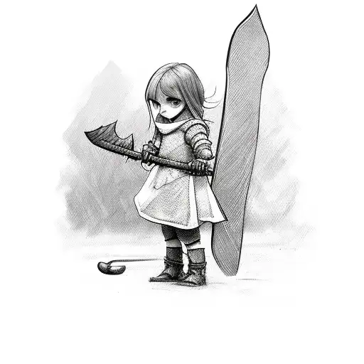 Little Girl Facing Away Holding Battleaxe Behind Her Back