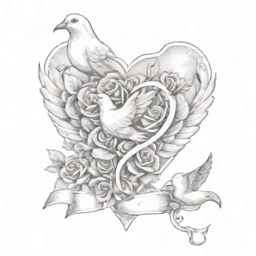 Heart Dove And Rose With Name Banner Tattoo